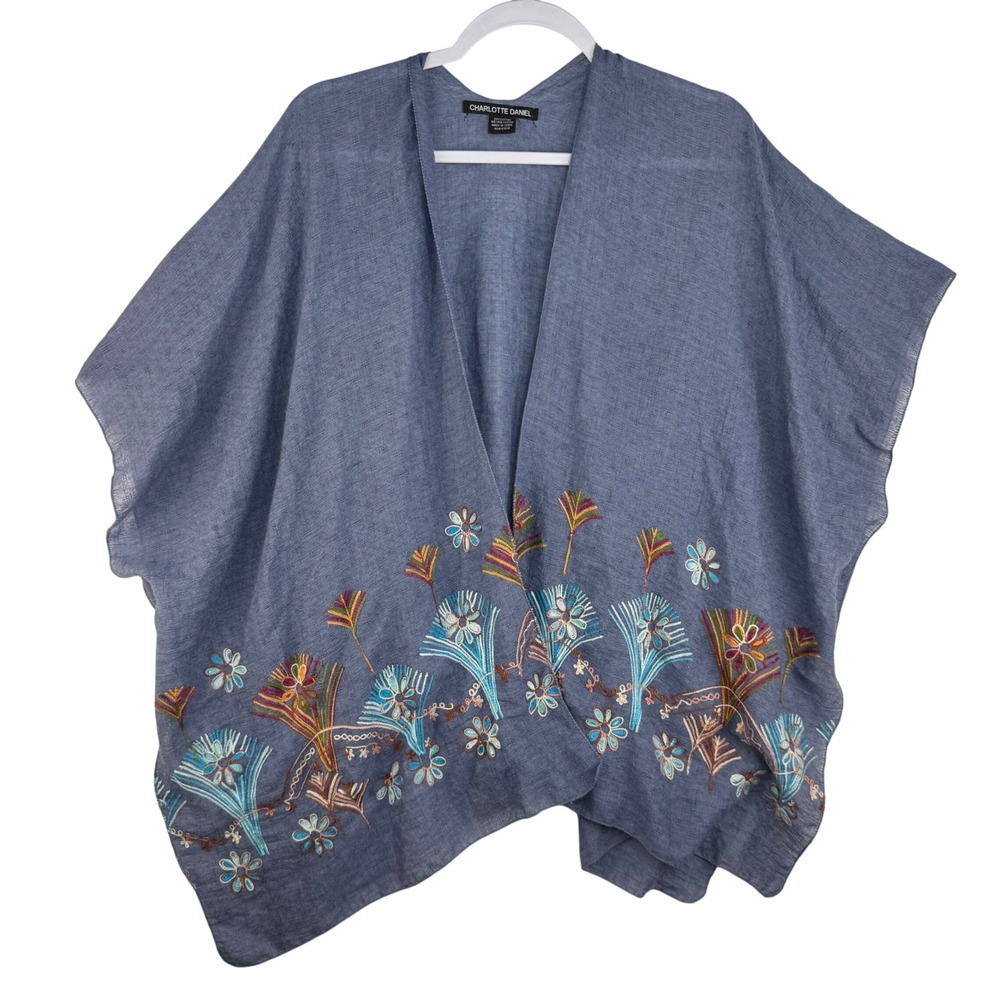 Charlotte Daniel Blue Embroidered Floral Kimono Wrap One Size Boho Festival